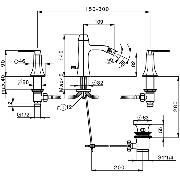 CISAL Cherie Смеситель для биде на 3 отверстия с донным клапаном, цвет хром/черный матовый, артикул CF0012206T Акция