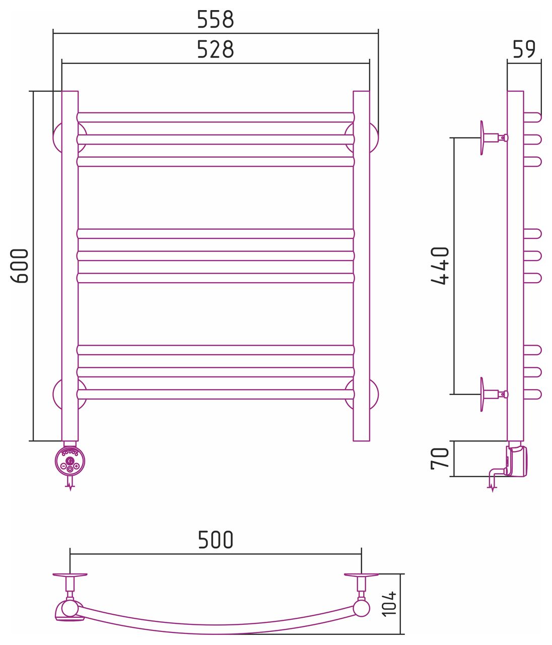 Электрический полотенцесушитель СТИЛЬЕ "Формат 10 ТЛ" 600х500 (3+3+3) Г16 (Без покрытия)