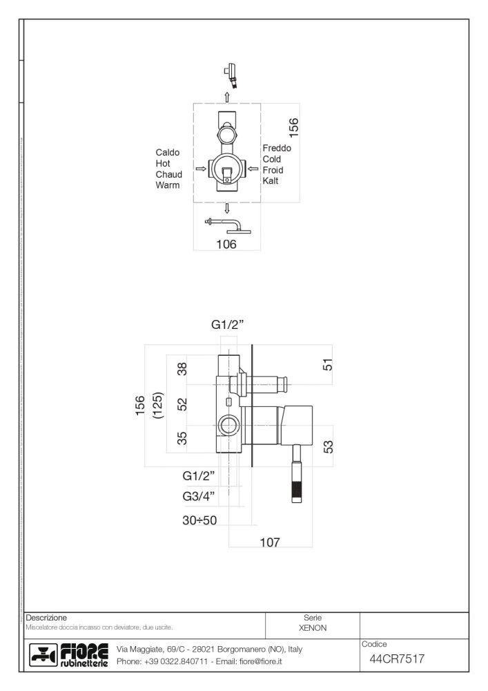 Fiore Xenon, однорычажный встраиваемый смеситель для душа, цвет хром