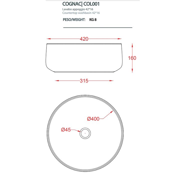ArtCeram COGNAC Раковина накладная , 42 см, без отв под смеситель, без слив-перелива, цвет marrone cocoa