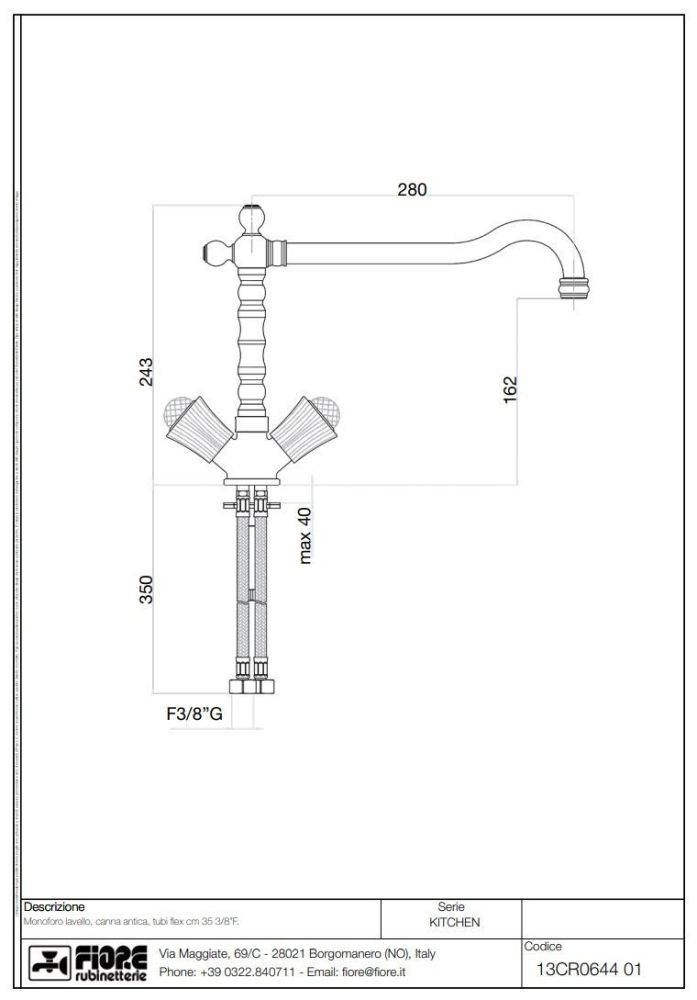 Fiore Venere Sky, двухвентильный смеситель для кухни, цвет золото - Swarovski, артикул 13OO0644