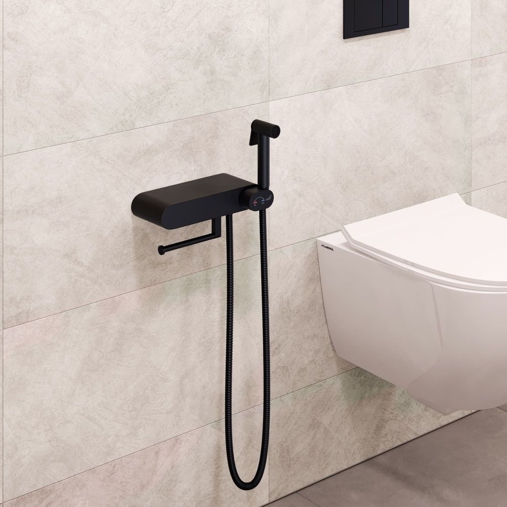 Смеситель с полочкой и держателем туалетной бумаги, с гигиеническим душем - RGW SP-222B, черный, артикул 581408222-04