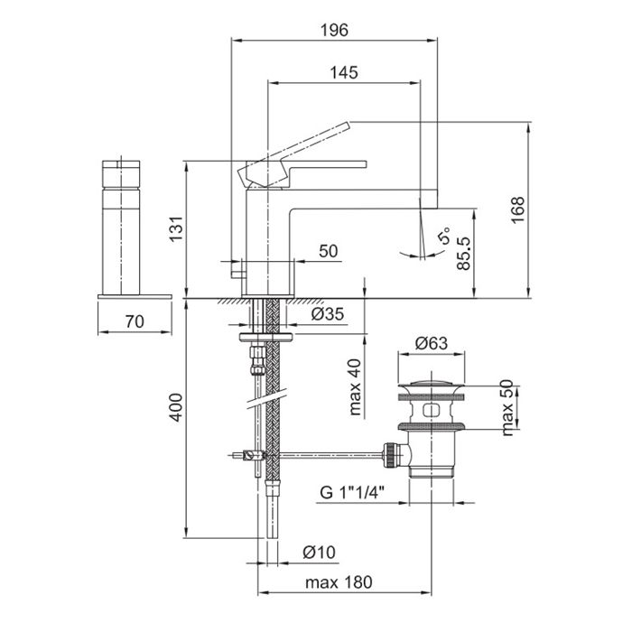 Fantini AR/38 Смеситель для раковины, 1 отв., с донным клапаном, излив 145мм, цвет: хром