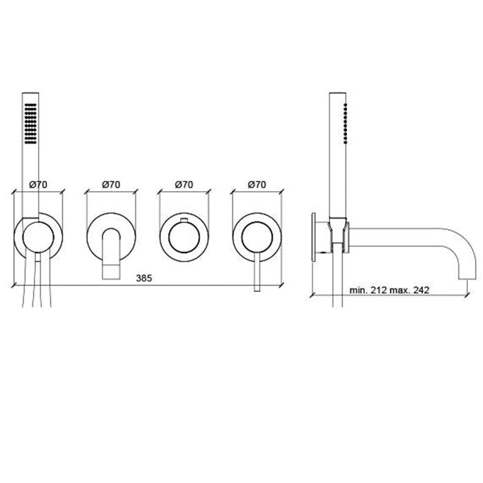 ALMAR MODULAR Смеситель настенный внешняя часть, круглые розетка, с перекл. на 2-3 положения, с ручным душем и шлангом, цвет Stainless Steel AISI316