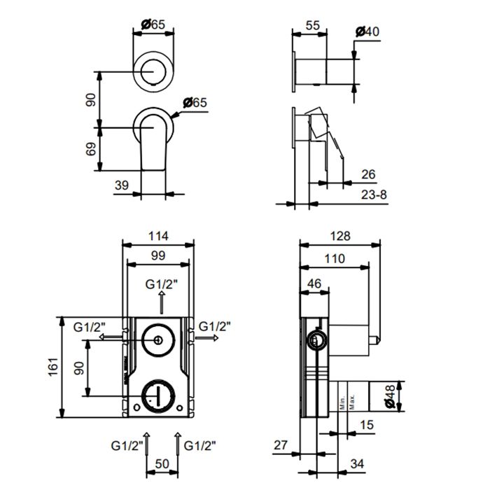 Смеситель для душа, Fantini, Myo, монтаж-вертикальный встраиваемый (настенный), в комплекте-ручки, переключатель на 3 потока с поворотной кнопкой, впуски 1/2'', цвет-черный матовый