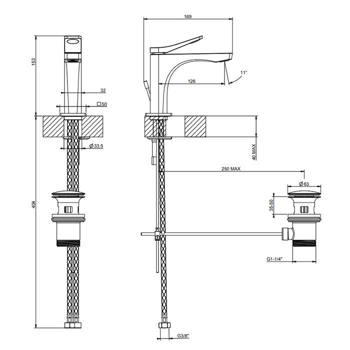GESSI Rilievo Смеситель для раковины на 1 отв. с донным клапаном  h=153мм, излив 126мм , цвет: bianco CN