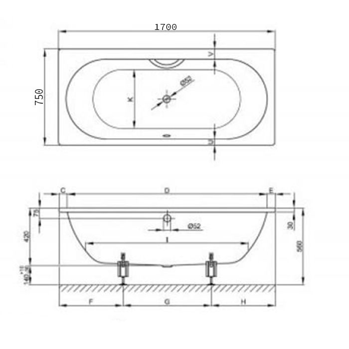 Ванна, Bette, BetteStarlet, ширина, мм-1700, глубина, мм-750, высота, мм-420, водоизмещение (л)-122, тип установки-встраиваемый, форма-прямоугольная, слив-перелив-необходимо заказать, диаметр слива, мм-52, ножки-необходимо заказать, материал-сталь, вид гр