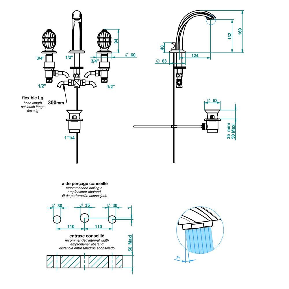 THG CHEVERNY LAPIS LAZULI Смеситель для раковины на 3 отверстия, с донным клапаном, вставки лазурит, цвет полированное золото