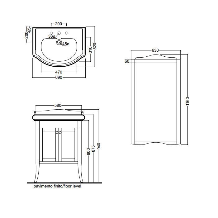 KERASAN Retro 69, раковина 69*52см с 1 отв., цвет: белый, артикул 104601*1