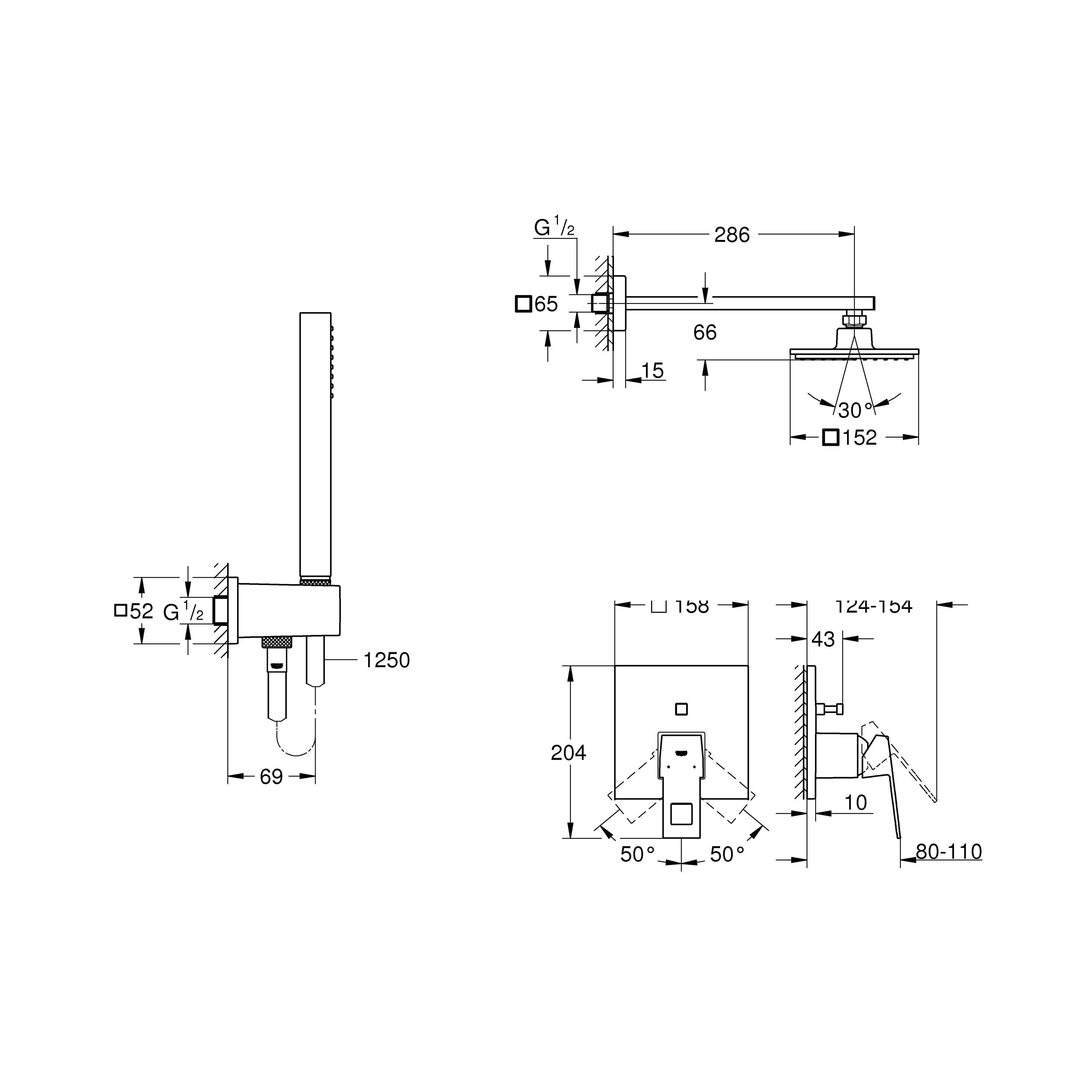 Набор для душа: смеситель для ванны GROHE Eurocube, верхний душ, ручной душ, квадратная розетка, хром (119698)