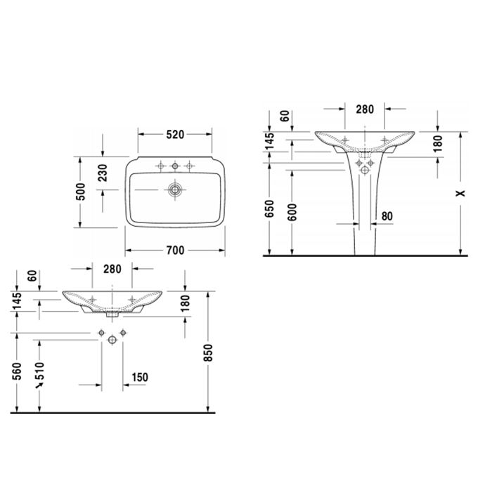 Duravit PuraVida Раковина без перелива, с 3 отв. под смес., с глубокой чашей, включая выпуск с керамической крышкой, 700x500мм, Цвет: Белый