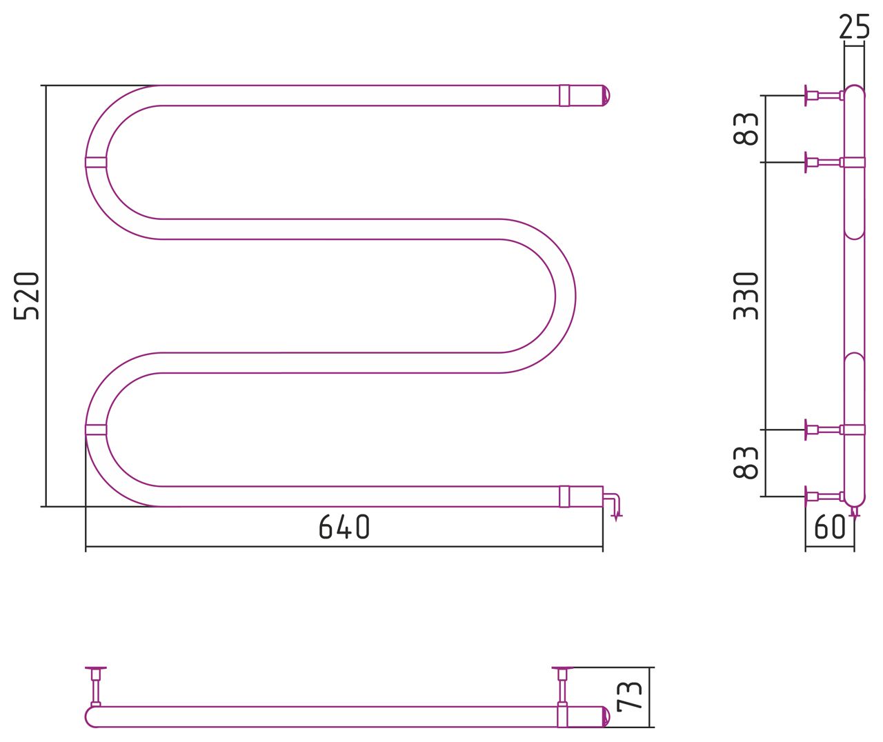 Электрический полотенцесушитель СТИЛЬЕ №03 М-образный 500х600 (64 Вт) (Без покрытия)