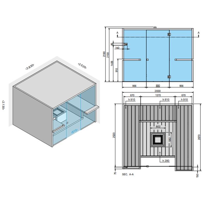 Effegibi Air 120 Био-Сауна 283x252xh213см, отделка: осина термообработанная