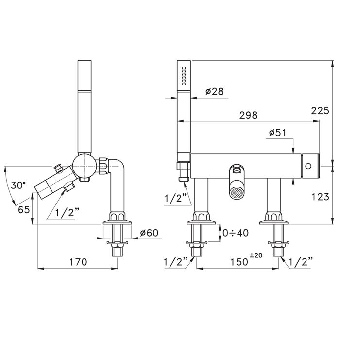 Stella Bamboo Смеситель на борт ванны на 2 отверстия 3267RG306 с ручным душем, цвет: хром