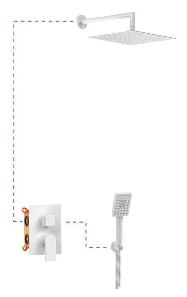 AQG Alpha, душевой комплект EC208 на 2 потребителя: с квадратным верхним душем 25х25 см и кронштейном 35 см, цвет белый матовый