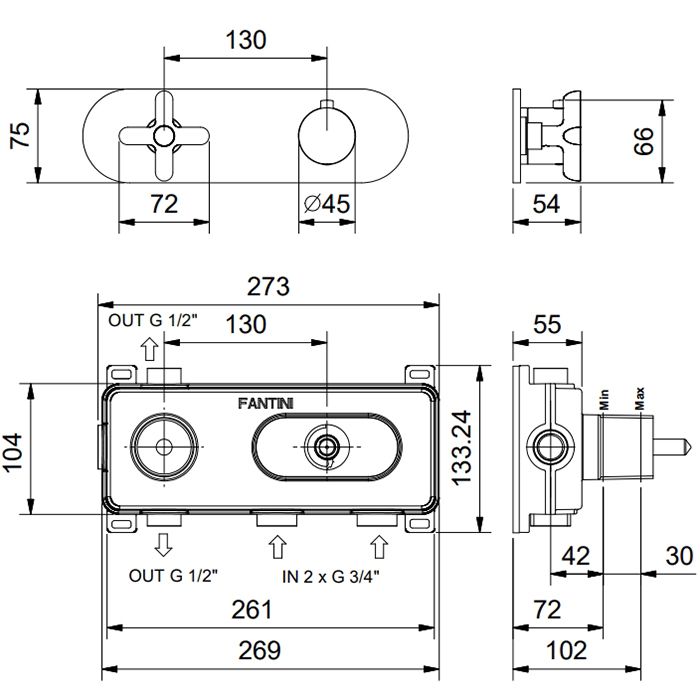 Fantini Icona Classic Встраиваемый термостат для душа на 2 источника, 3/4'', (наружняя часть), цвет: Matt Copper PVD