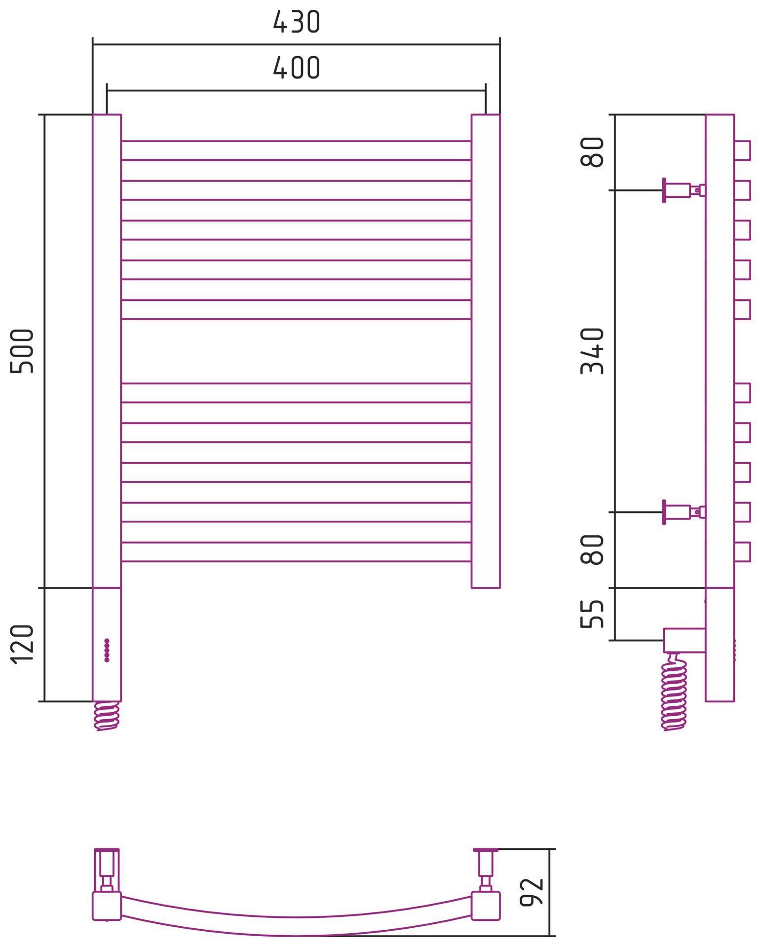 Полотенцесушитель, Сунержа, Аркус 3.0, электрический, ширина, мм-430, глубина, мм-92, высота, мм-620, межосевое расстояние-400, подключение-нижнее слева, электрокомплект-МЭМ, мощность, Вт-300, материал-нержавеющая сталь, цвет-сталь