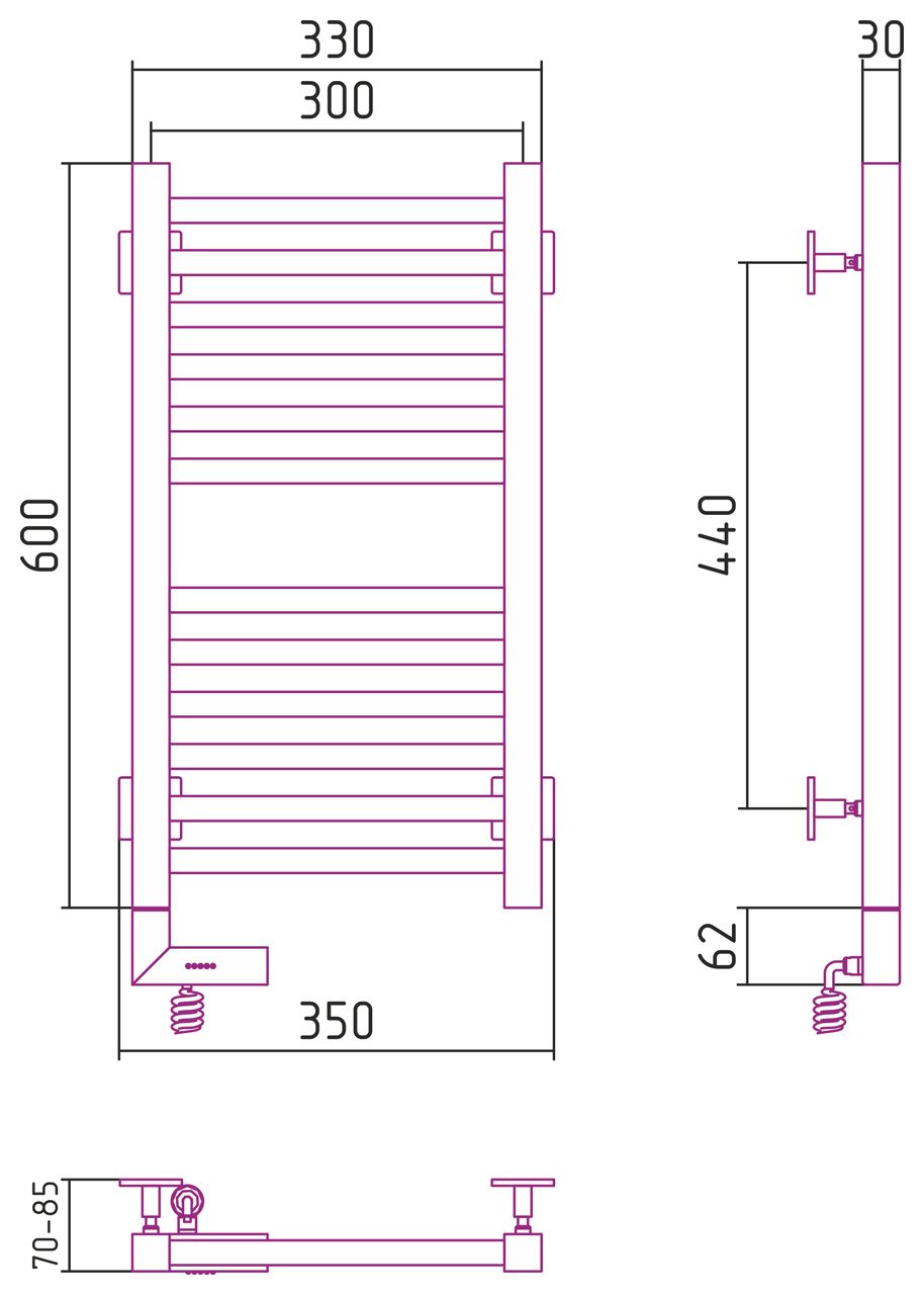 Полотенцесушитель электрический "МОДУС 2.0" 600х300 / МЭМ левый (Без покрытия)