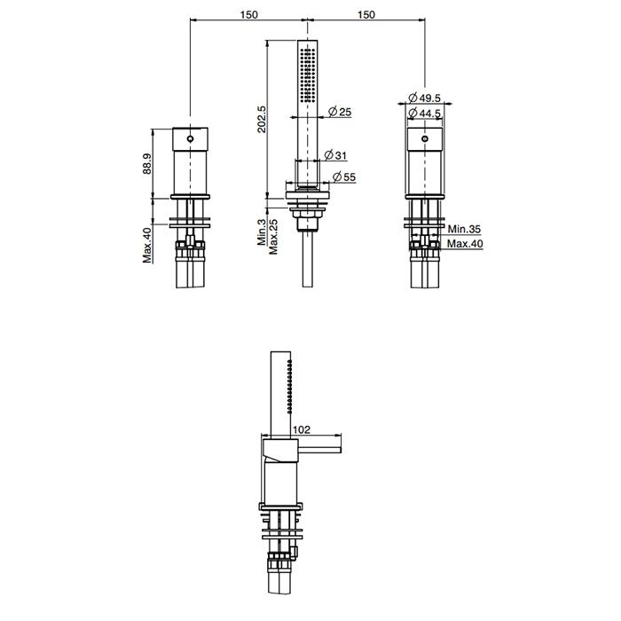 Fima Carlo Frattini Spillo Up Смеситель на борт ванны, на 3 отв., с ручным душем, цвет: чёрный матовый