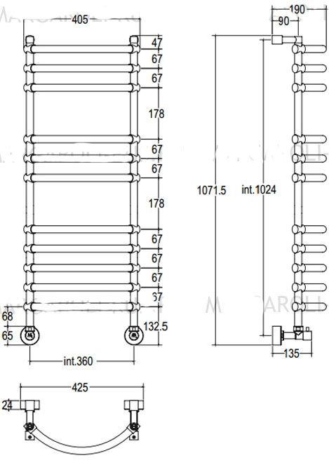 Полотенцесушитель, Margaroli, Luna, водяной, 434, ширина, мм-425, высота, мм-1071.5, межосевое расстояние-360, мощность, Вт-351, цвет-Chrome