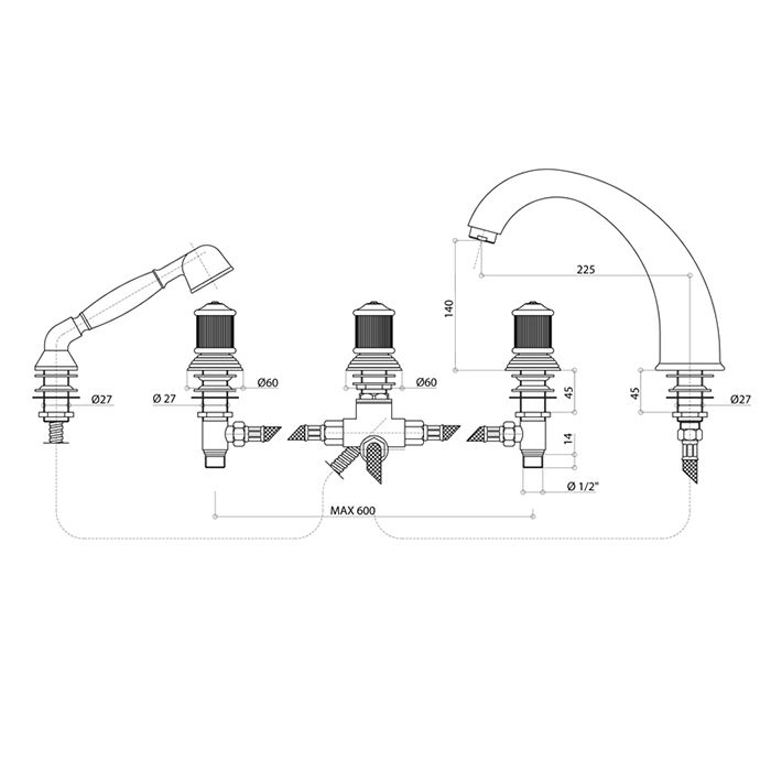 Bongio Impero Смеситель на борт ванны (5 отв.) с ручным душем, цвет хром/Blue and Red Swarovski
