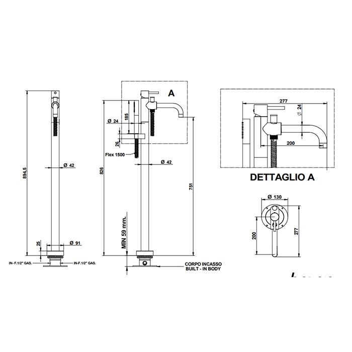 Bongio GIO2 Смеситель напольный 894 мм, излив 200 мм, цвет матовое французское золото (без встраиваемой части 09744 ), артикул 68534HM0DPREU