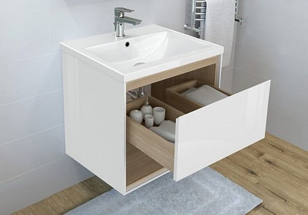 Тумба под раковину Cersanit Louna 60 SZ-LOU-CO60/Wh подвесная Белый глянец дуб Эврика, артикул SZ-LOU-CO60/Wh