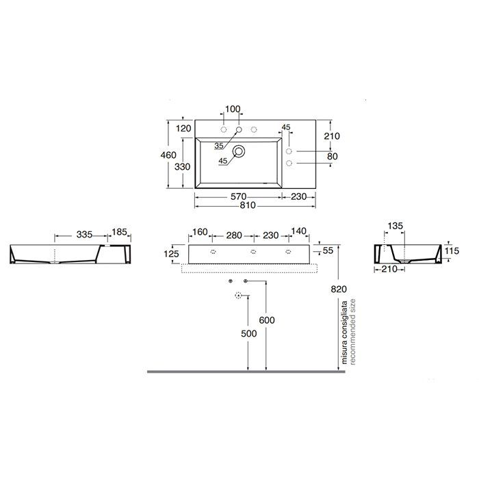 AZZURRA ELEGANCE Squared Раковина подвесная/накладная  81х46х12.5см c 1 отв. под смеситель , цвет белый
