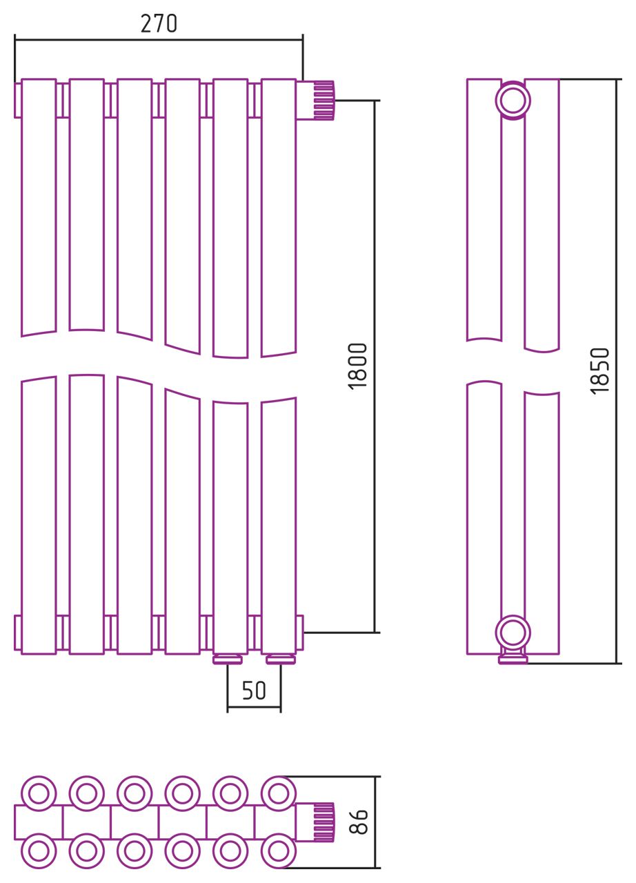 Отопительный радиатор ЭСТЕТ-00 н/ж EU50 1800х270 / 6 сек (Матовый ЧЁРНЫЙ)