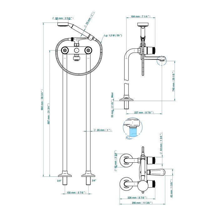 THG CORVAIR Смеситель для ванны напольный, с ручным душем и шлангом 1500 мм., цвет хром