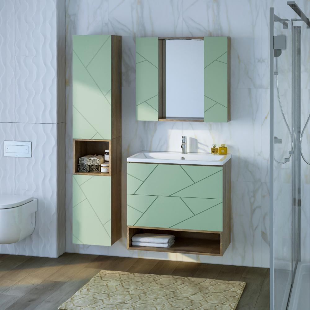 Тумба с раковиной и нишей Бриклаер КРИСТАЛЛ 80F, фисташковый/дуб гранж песочный, артикул КРИСТАЛЛ 80F