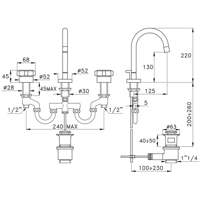 Stella Aster Смеситель для раковины на 3 отверстия 3221, с донным клапаном, цвет: хром