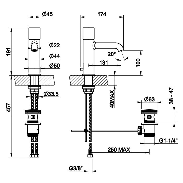 GESSI HABITO UNITO Смеситель для раковины на 1 отверстие, однорычажный, в комплекте с донным клапаном, цвет Brass PVD