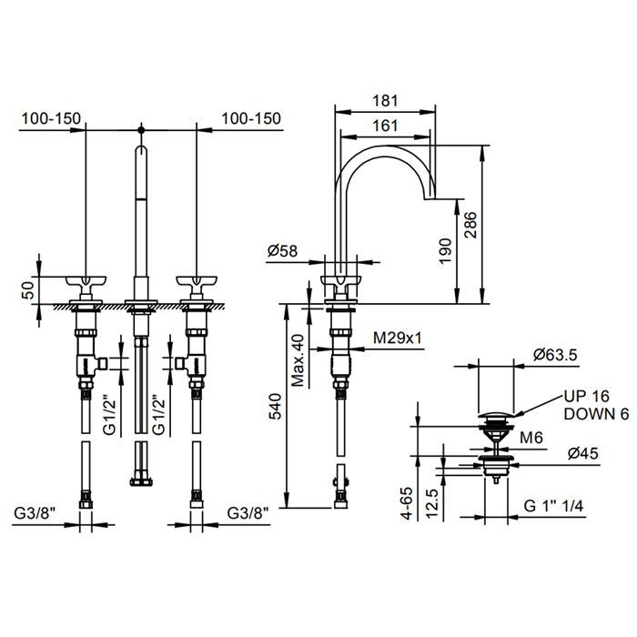 Fantini Icona Classic Смеситель для раковины, 3 отв., с нажимн. донным клапаном, излив 160мм, цвет: Matt British Gold PVD Fantini Icona Classic Смеситель для раковины, 3 отв., с нажимн. донным клапаном, излив 160мм, цвет: Matt British Gold PVD