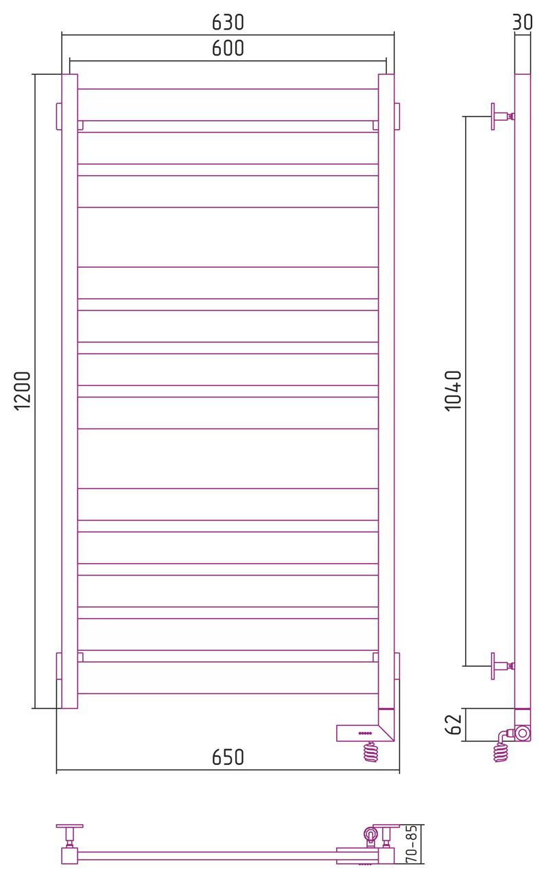 Полотенцесушитель электрический "ЦЕНТУРИОН 2.0" 1200х600 / МЭМ правый (МУАР Темный Титан)