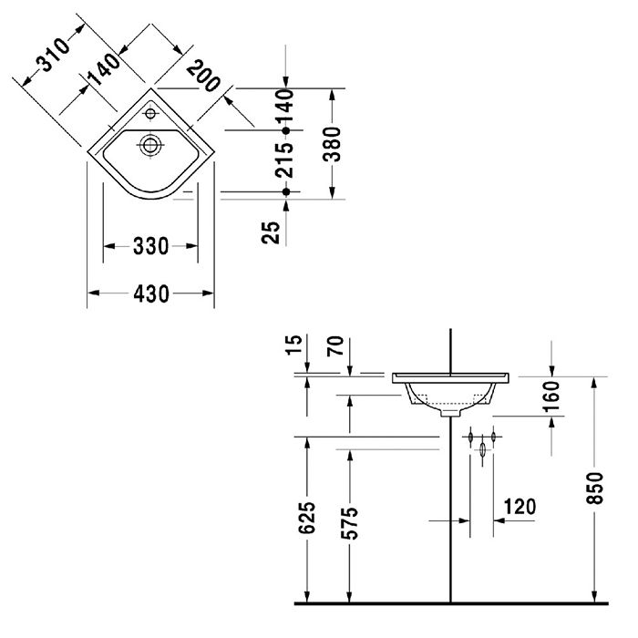 Duravit Starck 3 Раковина угловая 430х380 мм, с переливом, с 1 отв под смеситель, цвет белый