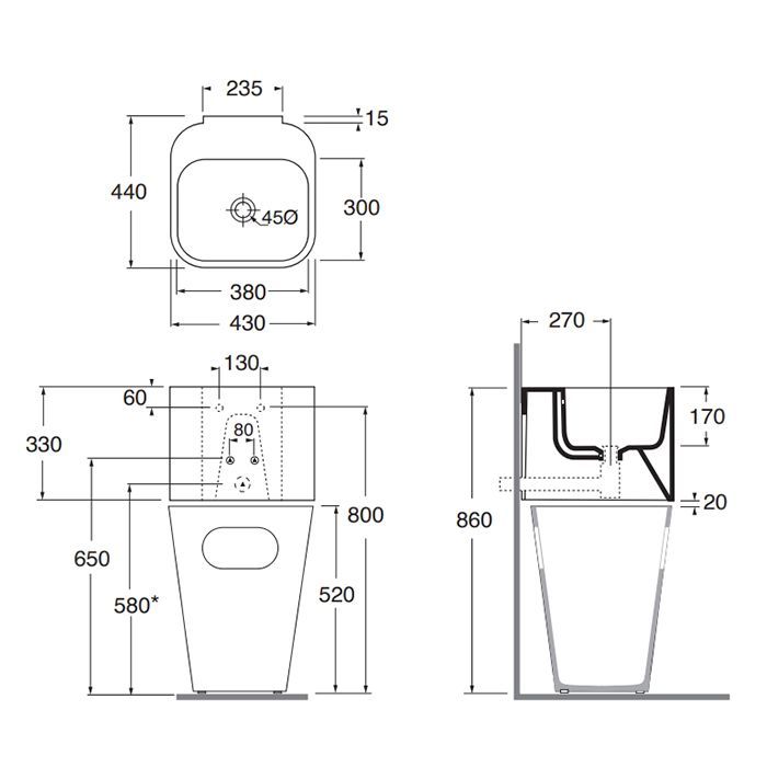 AZZURRA TANDEM Раковина подвесная 44х43см без отв. под смеситель, Tortora