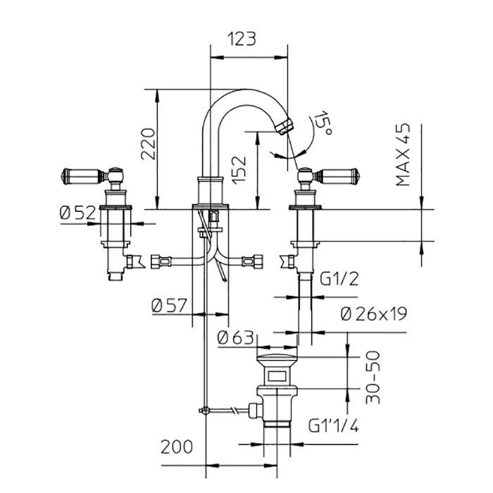 Bossini Liberty Смеситель для раковины на 3 отверстия с поворотным изливом и заглушкой 1”1/4, цвет: античная бронза Bossini Liberty Смеситель для раковины на 3 отверстия с поворотным изливом и заглушкой 1”1/4, цвет: античная бронза
