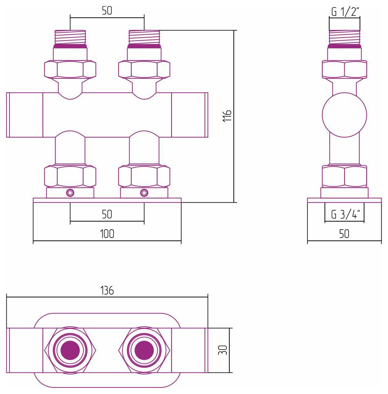 Вентиль, Сунержа, EU50, 2 х НР G 1/2" / 2 х НГ G 3/4", прямой, скрытый, материал-нержавеющая сталь, цвет-сталь без покрытия