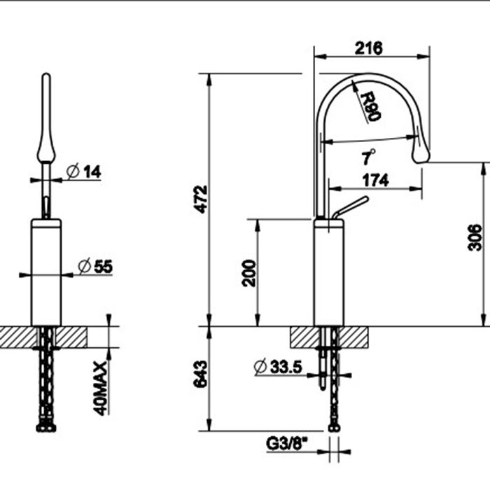 Gessi Goccia Смеситель для раковины на 1 отверстие, высокий, излив 174мм R=90, цвет: черный
