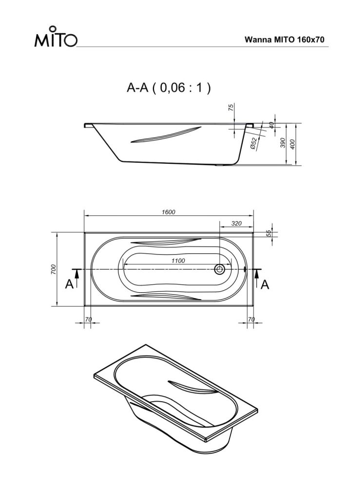 Ванна прямоугольная MITO RED 160x70 (63376), артикул 63376