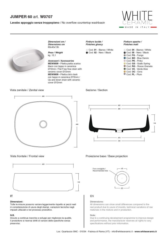 White Ceramic Jumper, накладная прямоугольная раковина 60x40x13h см, цвет белый глянцевый, артикул W070701