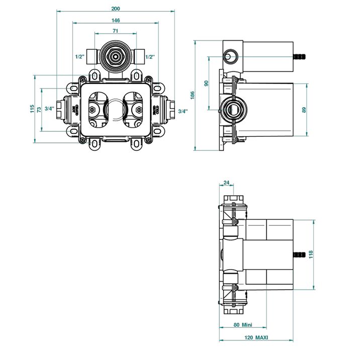 THG Встраиваемая часть термостатического смесителя, с переключателем на 2 положения