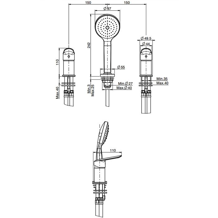 Fima Carlo Frattini Spot Смеситель на борт ванны, на 3 отв., с ручным душем, цвет: чёрный матовый