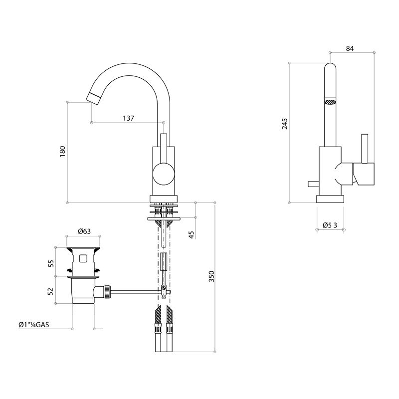 Bongio T Leva Laterale Смеситель для раковины на 1 отв, излив 137мм ,с донным клапаном, цвет хром
