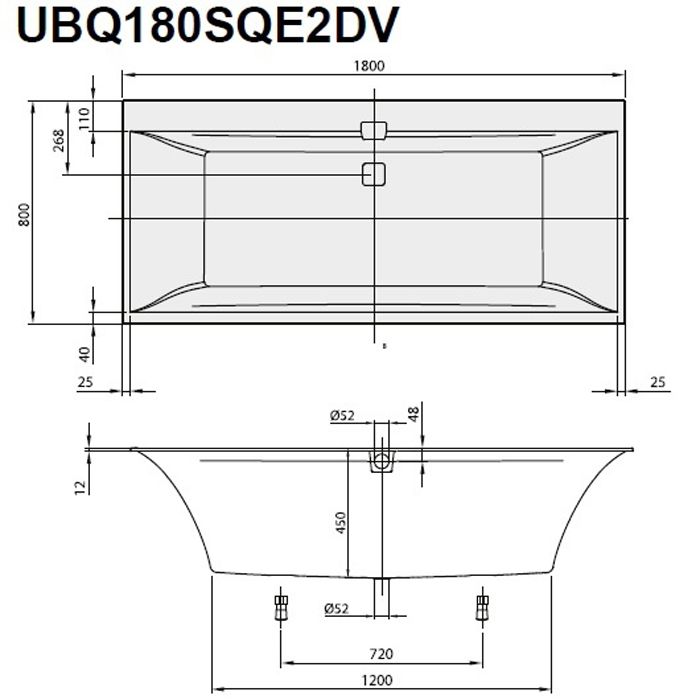 Ванна, Villeroy&Boch, Squaro Edge 12, ширина, мм-1800, глубина, мм-800, высота, мм-450, водоизмещение (л)-180, форма-прямоугольная, слив-перелив-в комплекте, диаметр слива, мм-52, ножки-есть, материал-Quaryl, цвет-белый, артикул UBQ180SQE2DV-01
