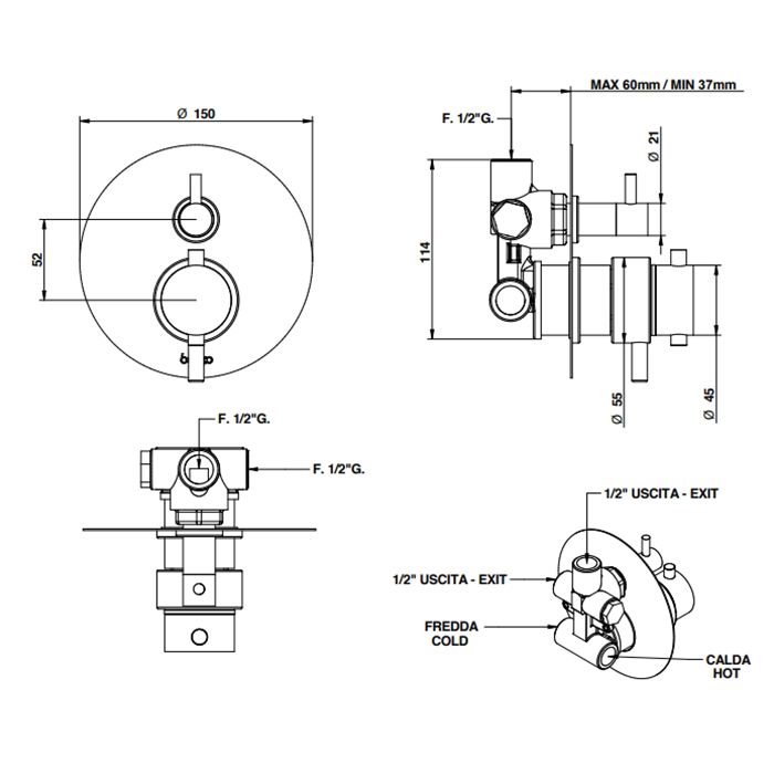 BONGIO Термостатический смеситель с переключателем на 2 положения, цвет матовый черный хром (без встраив части 09766), артикул 68569NMPREU