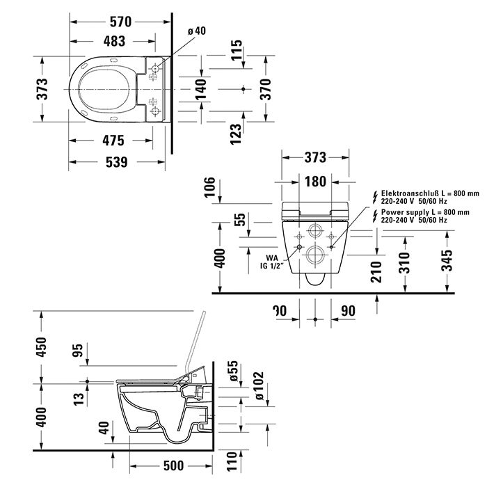 Duravit ME by Starck Унитаз подвесной 570х370  мм безободковый, HygieneFlush для SensoWash, цвет: белый