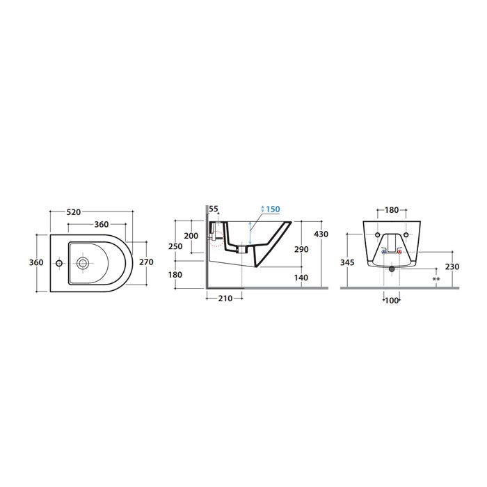 GLOBO Forty3 Биде подвесное 52*36см, с 1 отв. под смеситель, с системой скрытого крепежа, цвет белый