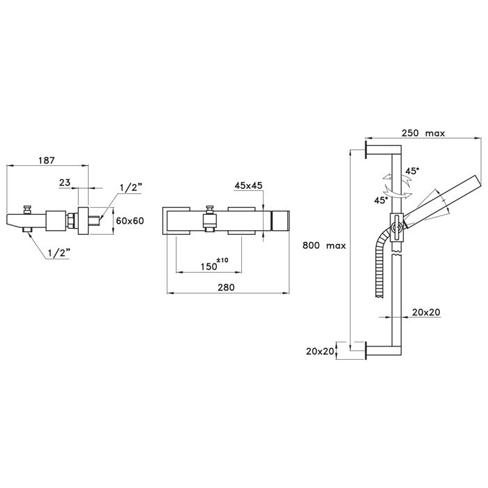Stella Bamboo Quadro Смеситель для ванны 3267/302-6 со штангой и ручным душем, цвет: хром